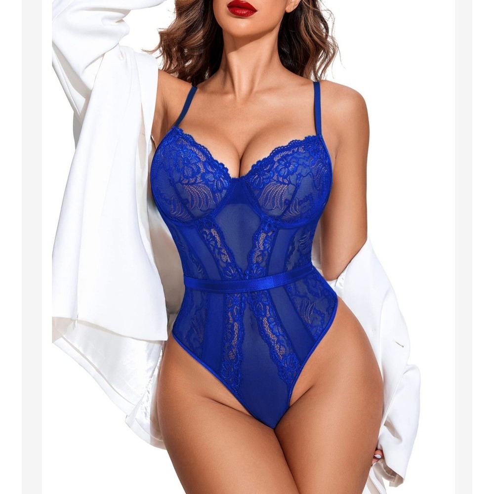 Avidlove Royal Blue Sheer Floral‎ Lace Mesh Bodysuit Lingerie Top Small NWT